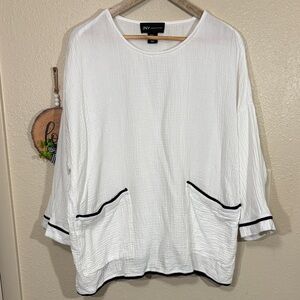 Jones New York Flowy Cotton Gauze White Blouse with Black Trim Size 2X